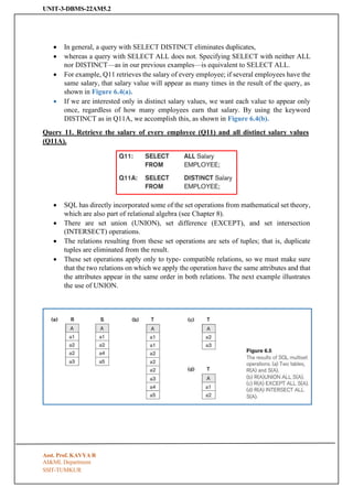 UNIT-3-DBMS-22AM5.2
SSIT-TUMKUR
• In general, a query with SELECT DISTINCT eliminates duplicates,
• whereas a query with SELECT ALL does not. Specifying SELECT with neither ALL
nor DISTINCT—as in our previous examples—is equivalent to SELECT ALL.
• For example, Q11 retrieves the salary of every employee; if several employees have the
same salary, that salary value will appear as many times in the result of the query, as
shown in Figure 6.4(a).
• If we are interested only in distinct salary values, we want each value to appear only
once, regardless of how many employees earn that salary. By using the keyword
DISTINCT as in Q11A, we accomplish this, as shown in Figure 6.4(b).
Query 11. Retrieve the salary of every employee (Q11) and all distinct salary values
(Q11A).
• SQL has directly incorporated some of the set operations from mathematical set theory,
which are also part of relational algebra (see Chapter 8).
• There are set union (UNION), set difference (EXCEPT), and set intersection
(INTERSECT) operations.
• The relations resulting from these set operations are sets of tuples; that is, duplicate
tuples are eliminated from the result.
• These set operations apply only to type- compatible relations, so we must make sure
that the two relations on which we apply the operation have the same attributes and that
the attributes appear in the same order in both relations. The next example illustrates
the use of UNION.
Asst. Prof. KAVYA R
AI&ML Department
 