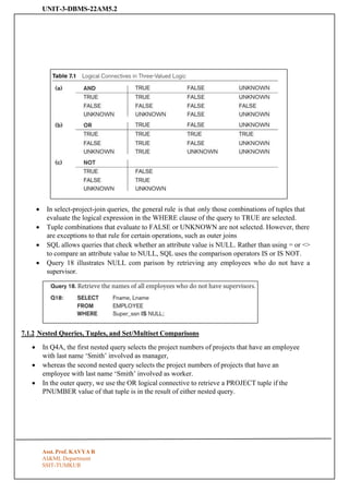 UNIT-3-DBMS-22AM5.2
Asst. Prof. KAVYA R
AI&ML Department
SSIT-TUMKUR
• In select-project-join queries, the general rule is that only those combinations of tuples that
evaluate the logical expression in the WHERE clause of the query to TRUE are selected.
• Tuple combinations that evaluate to FALSE or UNKNOWN are not selected. However, there
are exceptions to that rule for certain operations, such as outer joins
• SQL allows queries that check whether an attribute value is NULL. Rather than using = or <>
to compare an attribute value to NULL, SQL uses the comparison operators IS or IS NOT.
• Query 18 illustrates NULL com parison by retrieving any employees who do not have a
supervisor.
7.1.2 Nested Queries, Tuples, and Set/Multiset Comparisons
• In Q4A, the first nested query selects the project numbers of projects that have an employee
with last name ‘Smith’ involved as manager,
• whereas the second nested query selects the project numbers of projects that have an
employee with last name ‘Smith’ involved as worker.
• In the outer query, we use the OR logical connective to retrieve a PROJECT tuple if the
PNUMBER value of that tuple is in the result of either nested query.
 