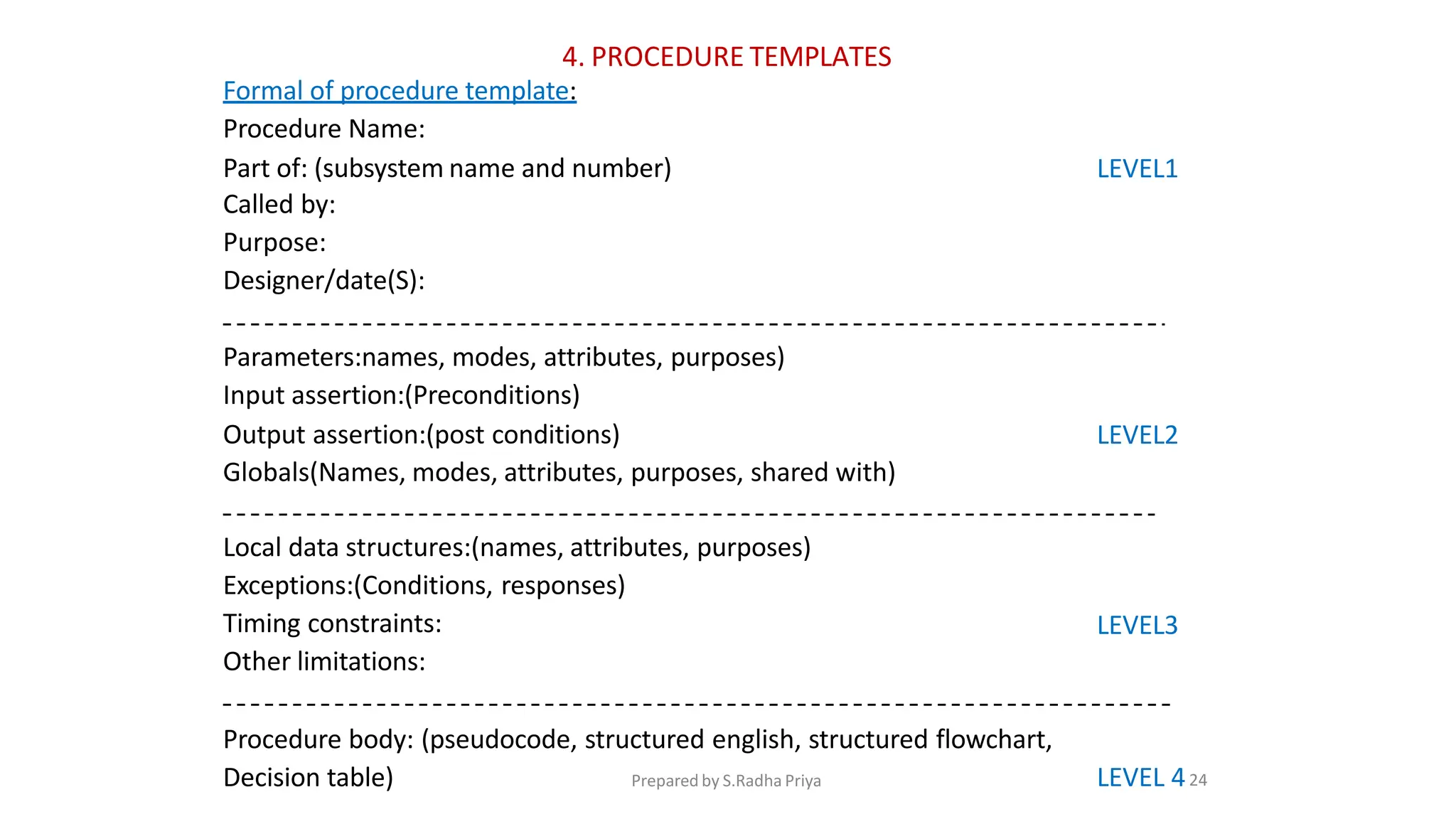 4. PROCEDURE TEMPLATES
Formal of procedure template:
Procedure Name:
Part of: (subsystem name and number)
Called by:
Purpose:
Designer/date(S):
LEVEL1
Parameters:names, modes, attributes, purposes)
Input assertion:(Preconditions)
Output assertion:(post conditions)
Globals(Names, modes, attributes, purposes, shared with)
LEVEL2
Local data structures:(names, attributes, purposes)
Exceptions:(Conditions, responses)
Timing constraints:
Other limitations:
LEVEL3
Procedure body: (pseudocode, structured english, structured flowchart,
Decision table) LEVEL 424
Prepared by S.Radha Priya
 