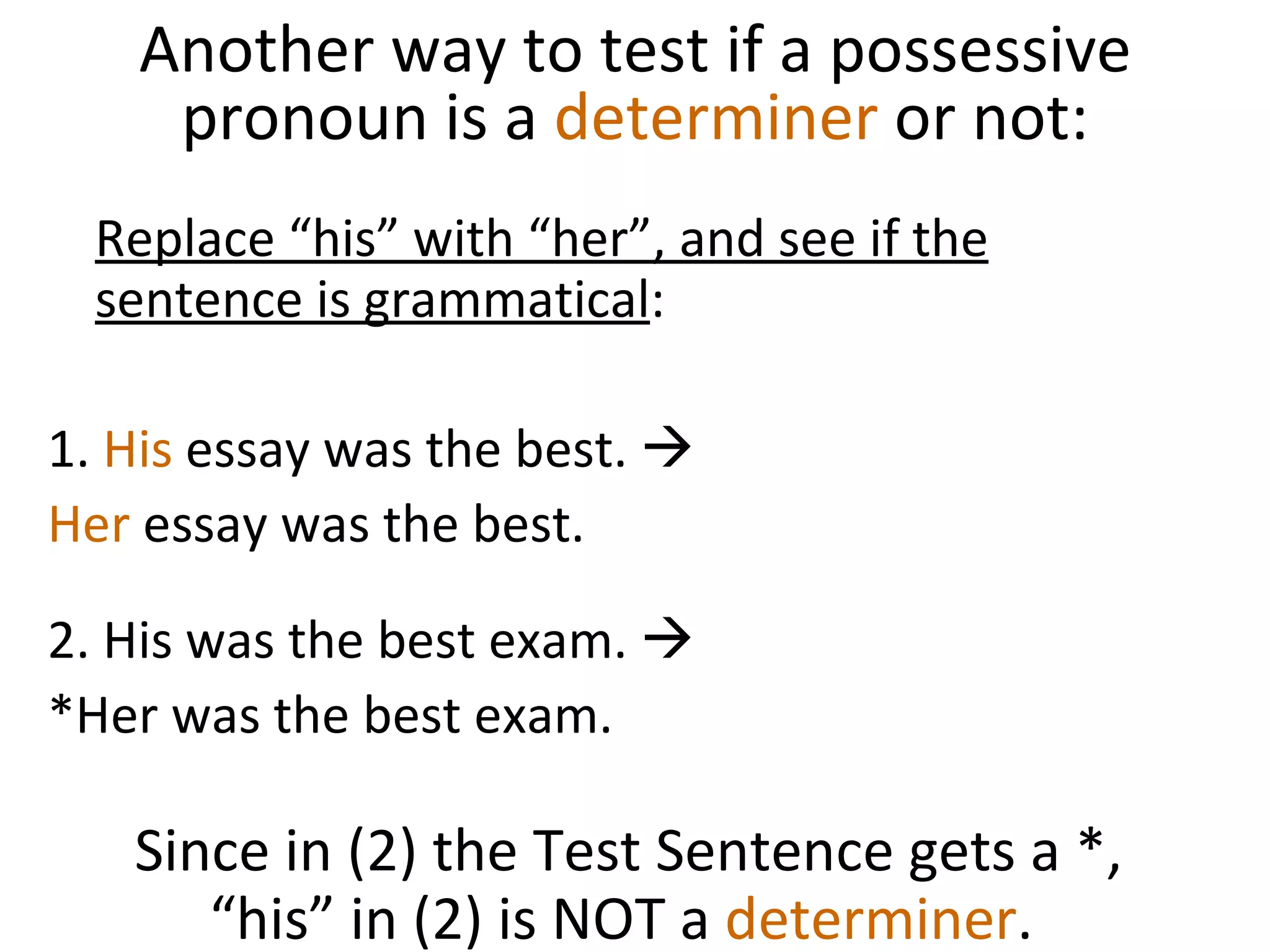 Another way to test if a possessive pronoun is a  determiner  or not: Replace “his” with “her”, and see if the sentence is grammatical :  1.  His  essay was the best.     Her  essay was the best.  2. His was the best exam.   *Her was the best exam.  Since in (2) the Test Sentence gets a *, “his” in (2) is NOT a  determiner .  