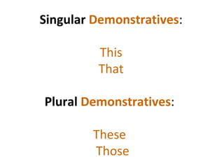 Singular  Demonstratives :   This   That   Plural  Demonstratives :  These     Those 