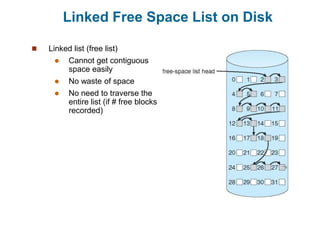 Linked Free Space List on Disk
 Linked list (free list)
 Cannot get contiguous
space easily
 No waste of space
 No need to traverse the
entire list (if # free blocks
recorded)
 