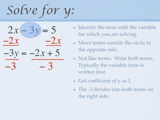 Solve for y:
                Identify the term with the variable
 2x − 3y = 5    for which you are solving.
−2x      −2x    Move terms outside the circle to
                the opposite side.
−3y = −2x + 5   Not like terms. Write both terms.
−3      −3      Typically the variable term is
                written ﬁrst.
                Get coefﬁcient of y as 1.
                The -3 divides into both terms on
                the right side.
 