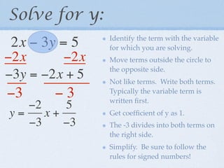 Solve for y:
                Identify the term with the variable
 2x − 3y = 5    for which you are solving.
−2x      −2x    Move terms outside the circle to
                the opposite side.
−3y = −2x + 5   Not like terms. Write both terms.
−3      −3      Typically the variable term is
                written ﬁrst.
   −2    5
y=    x+        Get coefﬁcient of y as 1.
   −3    −3     The -3 divides into both terms on
                the right side.
                Simplify. Be sure to follow the
                rules for signed numbers!
 