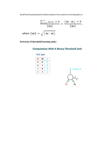 Recall that the perpendicular Euclidean distance from a point xi to the hyperplane is:
Networks of threshold learning units:
 