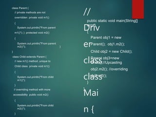 class Parent {
// private methods are not
overridden private void m1()
{
System.out.println("From parent
m1()"); } protected void m2()
{
System.out.println("From parent
m2()"); }
}
class Child extends Parent {
// new m1() method ,unique to
Child class private void m1()
{
System.out.println("From child
m1()");
}
// overriding method with more
accessibility public void m2()
{
System.out.println("From child
m2()");
}
//
Driv
er
class
class
Mai
n {
public static void main(String[]
args)
{
Parent obj1 = new
Parent(); obj1.m2();
Child obj2 = new Child();
Parent obj3=new
Child();//Upcasting
obj2.m2(); //overriding
obj3.m2();
}
}
 