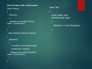 Use of super with constructors
class Person
{
Person()
{
System.out.println("Person
class Constructor");
}
}
class Student extends Person
{
Student()
{
// invoke or call parent class
constructor super();
System.out.println("Student
class Constructor");
}
}
class Test
{
public static void
main(String[] args)
{
Student s = new Student();
}
}
 
