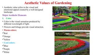Aesthetic Values of Gardening
• Aesthetic value refers to the visual and
emotional appeal created by a well-designed
landscape.
Major Aesthetic Elements
1. Color
• Color is the visual sensation produced by
different wavelength of light.
• Flowers and foliage provide visual attraction.
• Warm colors:
Red
Orange
Yellow
• Cool colors:
Blue
Purple
White
 