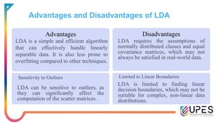 Advantages and Disadvantages of LDA
Advantages Disadvantages
LDA requires the assumptions of
normally distributed classes and equal
covariance matrices, which may not
always be satisfied in real-world data.
Sensitivity to Outliers
LDA can be sensitive to outliers, as
they can significantly affect the
computation of the scatter matrices.
Limited to Linear Boundaries
LDA is limited to finding linear
decision boundaries, which may not be
suitable for complex, non-linear data
distributions.
LDA is a simple and efficient algorithm
that can effectively handle linearly
separable data. It is also less prone to
overfitting compared to other techniques.
 