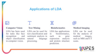 Applications of LDA
Computer Vision
LDA has been used
for tasks like face
recognition and
object classification
in computer vision.
Text Mining
LDA can be used for
text classification and
sentiment analysis in
natural language
processing.
Bioinformatics
LDA has applications
in bioinformatics,
such as gene
expression analysis
and protein structure
prediction.
Medical Imaging
LDA can be used
for the analysis of
medical images,
such as MRI and CT
scans.
 