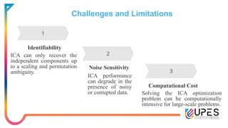 Challenges and Limitations
Identifiability
ICA can only recover the
independent components up
to a scaling and permutation
ambiguity.
Noise Sensitivity
ICA performance
can degrade in the
presence of noisy
or corrupted data.
Computational Cost
Solving the ICA optimization
problem can be computationally
intensive for large-scale problems.
 