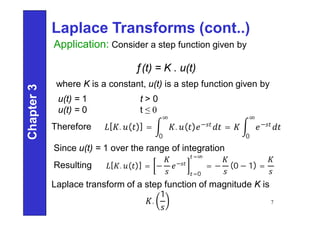 Laplace Transforms (cont..)
Chapter
3
7
Application: Consider a step function given by
ƒ(t) = K . u(t)
where K is a constant, u(t) is a step function given by
Therefore
u(t) = 1 t > 0
u(t) = 0 t ≤ 0
[ . ( )] = . ( ) −
∞
0
= −
∞
0
Since u(t) = 1 over the range of integration
Resulting [ . ( )] = − −
=0
=∞
= − (0 − 1) =
Laplace transform of a step function of magnitude K is
.
1
 