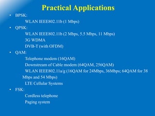 Practical Applications
• BPSK:
WLAN IEEE802.11b (1 Mbps)
• QPSK:
WLAN IEEE802.11b (2 Mbps, 5.5 Mbps, 11 Mbps)
3G WDMA
DVB-T (with OFDM)
• QAM:
Telephone modem (16QAM)
Downstream of Cable modem (64QAM, 256QAM)
WLAN IEEE802.11a/g (16QAM for 24Mbps, 36Mbps; 64QAM for 38
Mbps and 54 Mbps)
LTE Cellular Systems
• FSK:
Cordless telephone
Paging system
 