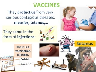 They come in the
form of injections.
VACCINES
They protect us from very
serious contagious diseases:
measles, tetanus,…
tetanus
There is a
vaccination
calendar.
 