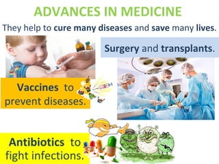 ADVANCES IN MEDICINE
Vaccines to
prevent diseases.
They help to cure many diseases and save many lives.
Antibiotics to
fight infections.
Surgery and transplants.
 