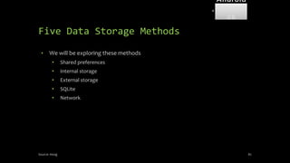 Five Data Storage Methods
• We will be exploring these methods
• Shared preferences
• Internal storage
• External storage
• SQLite
• Network
Source: Hoog 82
Android
Forensi
cs
 
