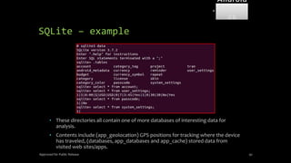 SQLite – example
• These directories all contain one of more databases of interesting data for
analysis.
• Contents include (app_geolocation) GPS positions for tracking where the device
has traveled, (databases, app_databases and app_cache) stored data from
visited web sites/apps.
Approved for Public Release 92
Android
Forensi
cs
 