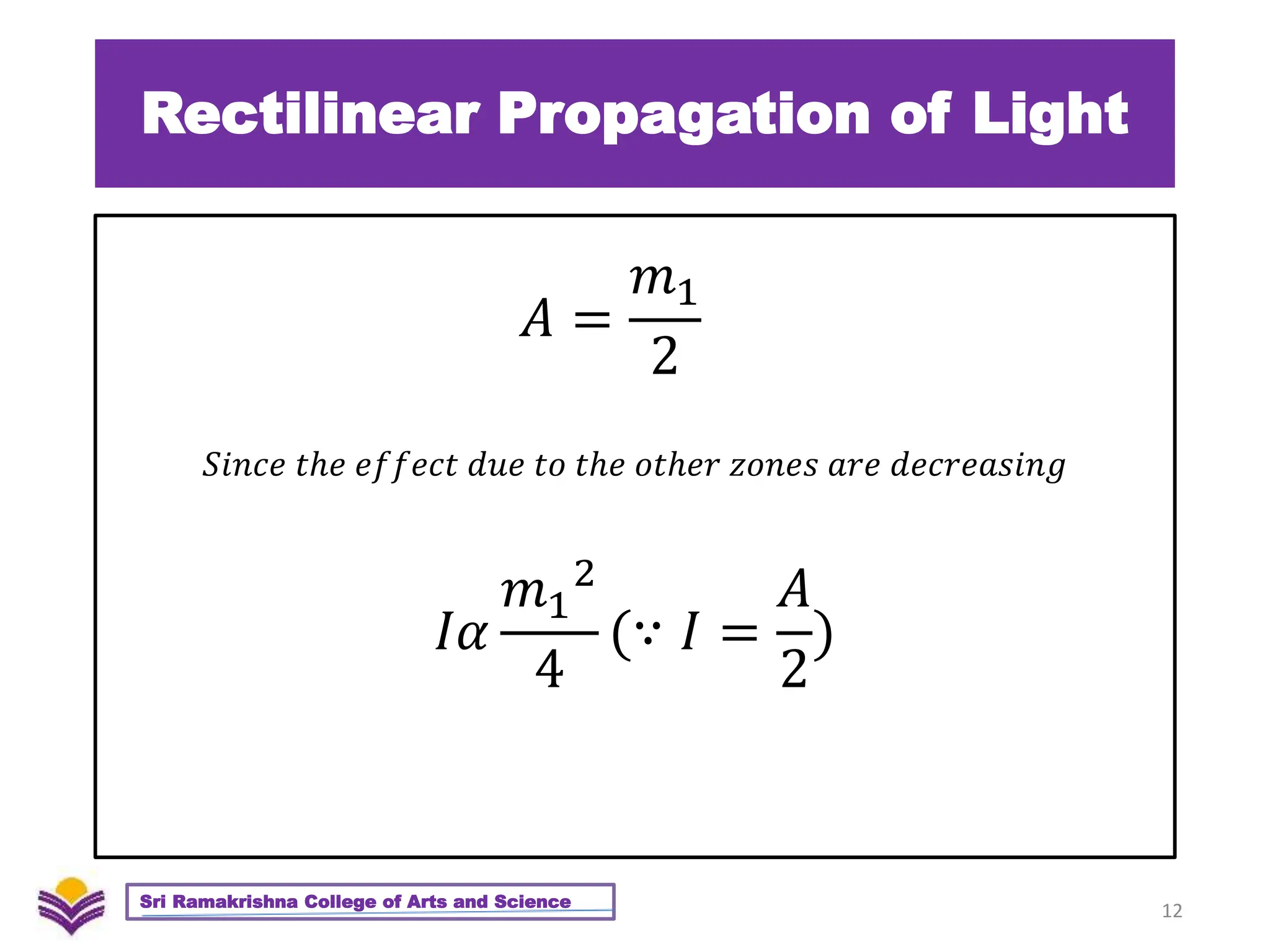 Rectilinear Propagation of Light
12
Sri Ramakrishna College of Arts and Science
𝐴 =
𝑚1
2
𝑆𝑖𝑛𝑐𝑒 𝑡ℎ𝑒 𝑒𝑓𝑓𝑒𝑐𝑡 𝑑𝑢𝑒 𝑡𝑜 𝑡ℎ𝑒 𝑜𝑡ℎ𝑒𝑟 𝑧𝑜𝑛𝑒𝑠 𝑎𝑟𝑒 𝑑𝑒𝑐𝑟𝑒𝑎𝑠𝑖𝑛𝑔
𝐼𝛼
𝑚1
2
4
(∵ 𝐼 =
𝐴
2
)
 