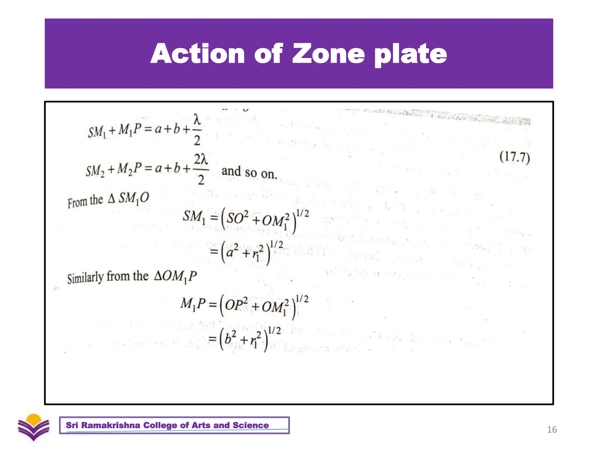 Action of Zone plate
16
Sri Ramakrishna College of Arts and Science
 
