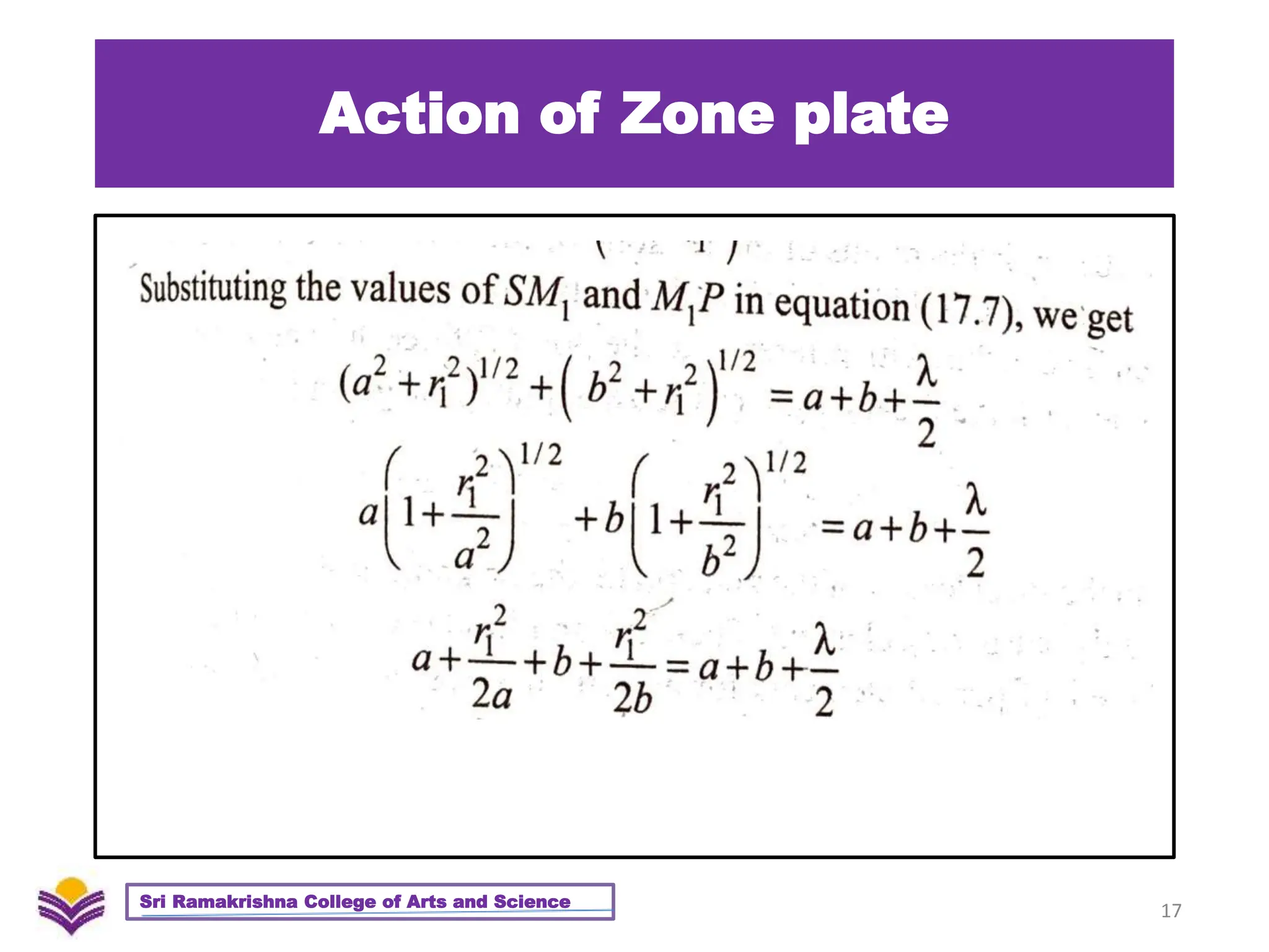 Action of Zone plate
17
Sri Ramakrishna College of Arts and Science
 