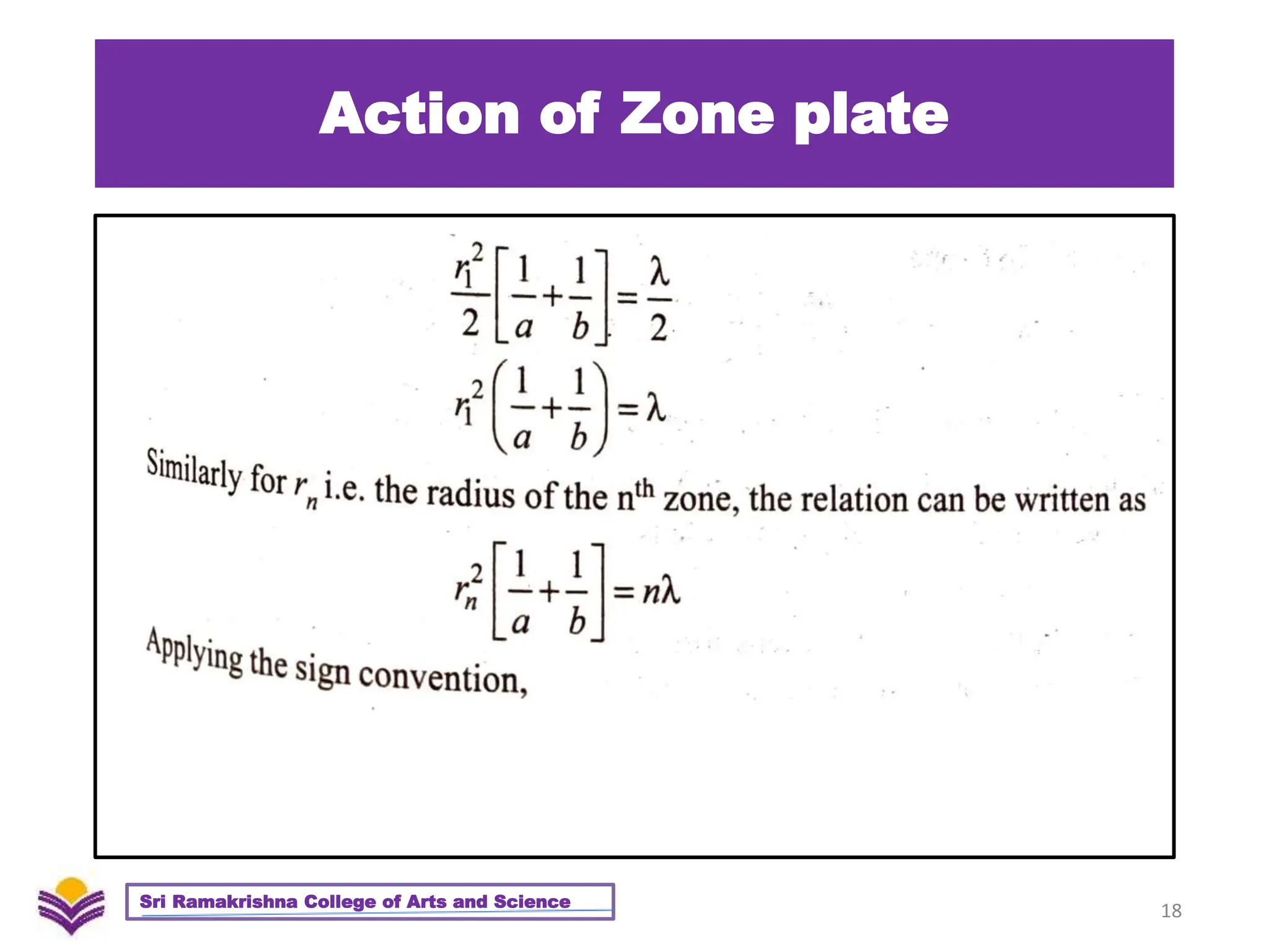 Action of Zone plate
18
Sri Ramakrishna College of Arts and Science
 
