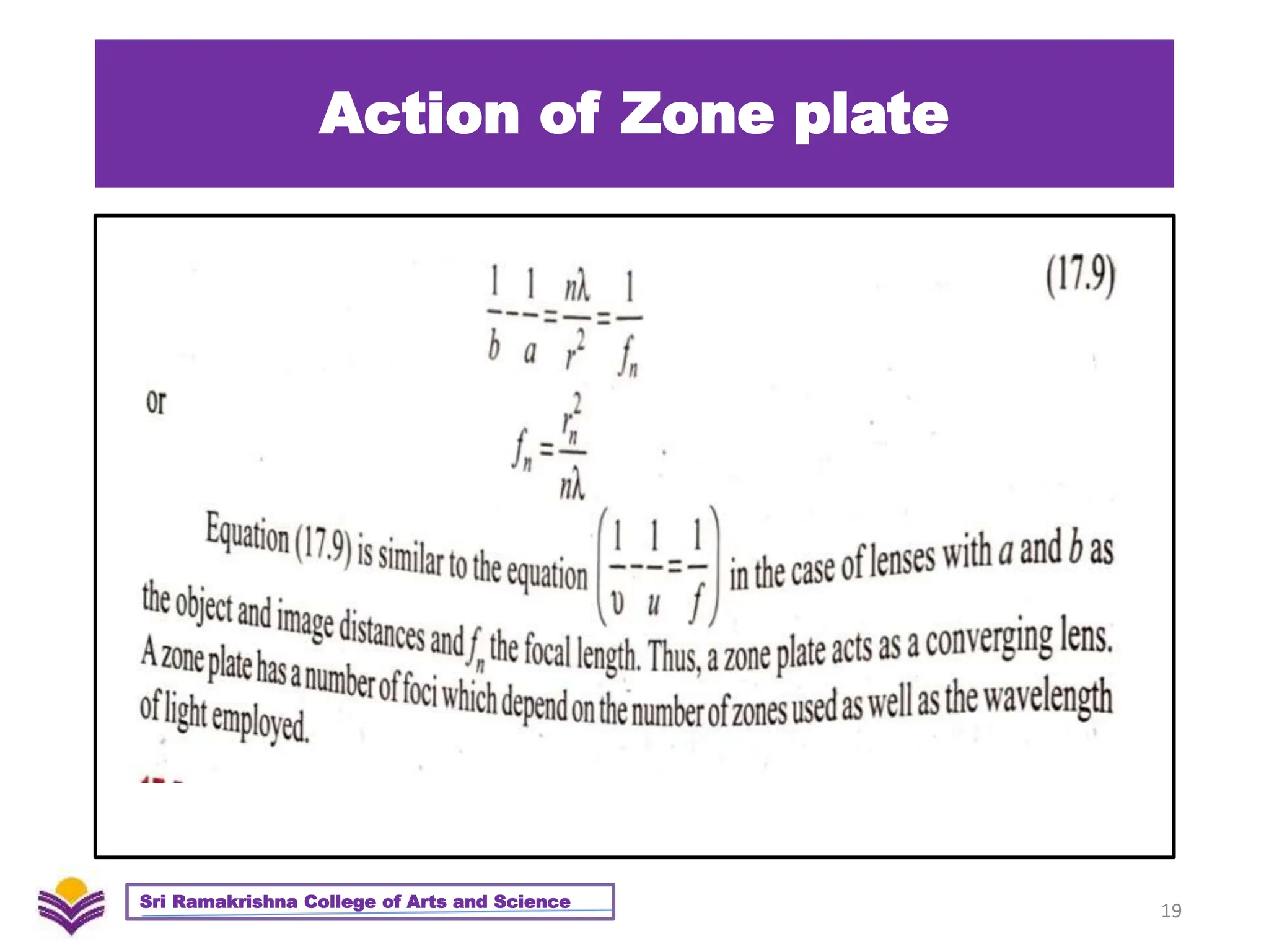Action of Zone plate
19
Sri Ramakrishna College of Arts and Science
 