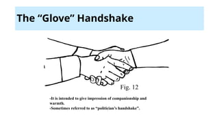 The “Glove” Handshake
Fig. 12
-It is intended to give impression of companionship and
warmth.
-Sometimes referred to as “politician’s handshake”.
 