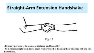 Straight-Arm Extension Handshake
Fig. 17
-Primary purpose is to maintain distance and formality.
-Sometimes people from rural areas who are used to keeping their distance will use this
handshake.
 