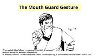 The Mouth Guard Gesture
Fig. 32
-When an individual’s hand covers mouth (partially or entirely).
-A signal that he/she is exaggerating or lying.
-If, however, someone covers his/her mouth while you are speaking, it indicates that listener doesn’t believe you!
 