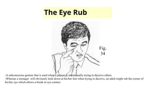 The Eye Rub
Fig.
34
-A subconscious gesture that is used when a person is intentionally trying to deceive others.
-Whereas a teenager will obviously look down at his/her feet when trying to deceive, an adult might rub the corner of
his/her eye which allows a break in eye contact.
 