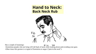 Hand to Neck:
Back Neck Rub
Fig.
36
Has a couple of meanings:
-Sometimes people who are lying will rub back of neck while looking down and avoiding your gaze.
-Other times this gesture is a signal of frustration or anger (“pain in the neck”).
 