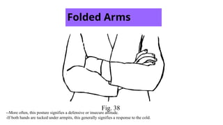 Folded Arms
Fig. 38
--More often, this posture signifies a defensive or insecure attitude.
-If both hands are tucked under armpits, this generally signifies a response to the cold.
 