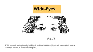 Wide-Eyes
Fig. 54
-If this gesture is accompanied by blinking, it indicates innocence (if eyes still maintain eye contact).
-Wide eyes are also an indication of surprise.
 