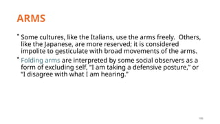 196
ARMS
* Some cultures, like the Italians, use the arms freely. Others,
like the Japanese, are more reserved; it is considered
impolite to gesticulate with broad movements of the arms.
* Folding arms are interpreted by some social observers as a
form of excluding self, “I am taking a defensive posture,” or
“I disagree with what I am hearing.”
 