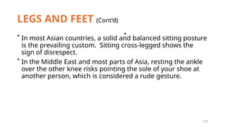 210
LEGS AND FEET (Cont’d)
* In most Asian countries, a solid and balanced sitting posture
is the prevailing custom. Sitting cross-legged shows the
sign of disrespect.
* In the Middle East and most parts of Asia, resting the ankle
over the other knee risks pointing the sole of your shoe at
another person, which is considered a rude gesture.
•
 