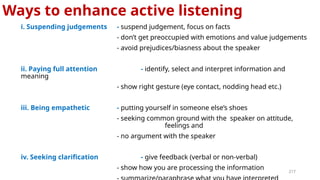 217
Ways to enhance active listening
i. Suspending judgements - suspend judgement, focus on facts
- don’t get preoccupied with emotions and value judgements
- avoid prejudices/biasness about the speaker
ii. Paying full attention - identify, select and interpret information and
meaning
- show right gesture (eye contact, nodding head etc.)
iii. Being empathetic - putting yourself in someone else’s shoes
- seeking common ground with the speaker on attitude,
feelings and
- no argument with the speaker
iv. Seeking clarification - give feedback (verbal or non-verbal)
- show how you are processing the information
 