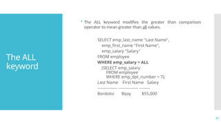 27
The ALL
keyword
• The ALL keyword modifies the greater than comparison
operator to mean greater than all values.
SELECT emp_last_name "Last Name",
emp_first_name "First Name",
emp_salary "Salary"
FROM employee
WHERE emp_salary > ALL
(SELECT emp_salary
FROM employee
WHERE emp_dpt_number = 7);
Last Name First Name Salary
--------------- --------------- --------
Bordoloi Bijoy $55,000
 