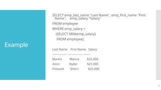 3
Example
SELECT emp_last_name "Last Name", emp_first_name "First
Name", emp_salary "Salary"
FROM employee
WHERE emp_salary =
(SELECT MIN(emp_salary)
FROM employee);
Last Name First Name Salary
--------------- --------------- --------
Markis Marcia $25,000
Amin Hyder $25,000
Prescott Sherri $25,000
 