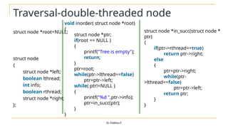 Traversal-double-threaded node
struct node *root=NULL;
struct node
{
struct node *left;
boolean lthread;
int info;
boolean rthread;
struct node *right;
};
Dr. Elakkiya E
void inorder( struct node *root)
{
struct node *ptr;
if(root == NULL )
{
printf("Tree is empty");
return;
}
ptr=root;
while(ptr->lthread==false)
ptr=ptr->left;
while( ptr!=NULL )
{
printf("%d ",ptr->info);
ptr=in_succ(ptr);
}
}
struct node *in_succ(struct node *
ptr)
{
if(ptr->rthread==true)
return ptr->right;
else
{
ptr=ptr->right;
while(ptr-
>lthread==false)
ptr=ptr->left;
return ptr;
}
}
 
