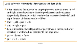 Case 2: When new node inserted as the left child
 After inserting the node at its proper place we have to make its left
and right threads points to inorder predecessor and successor
respectively. The node which was inorder successor. So the left and
right threads of the new node will be-
 tmp -> left = par ->left;
 tmp -> right = par;
 Before insertion, the left pointer of parent was a thread, but after
insertion it will be a link pointing to the new node.
 par -> lthread = false;
 par -> left = temp;
Dr. Elakkiya E
 