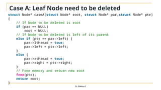 Case A: Leaf Node need to be deleted
Dr. Elakkiya E
struct Node* caseA(struct Node* root, struct Node* par,struct Node* ptr)
{
// If Node to be deleted is root
if (par == NULL)
root = NULL;
// If Node to be deleted is left of its parent
else if (ptr == par->left) {
par->lthread = true;
par->left = ptr->left;
}
else {
par->rthread = true;
par->right = ptr->right;
}
// Free memory and return new root
free(ptr);
return root;
}
 