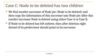 Case C: Node to be deleted has two children
 We find inorder successor of Node ptr (Node to be deleted) and
then copy the information of this successor into Node ptr. After this
inorder successor Node is deleted using either Case A or Case B.
 If Node to be deleted has left subtree, then after deletion right
thread of its predecessor should point to its successor.
Dr. Elakkiya E
 