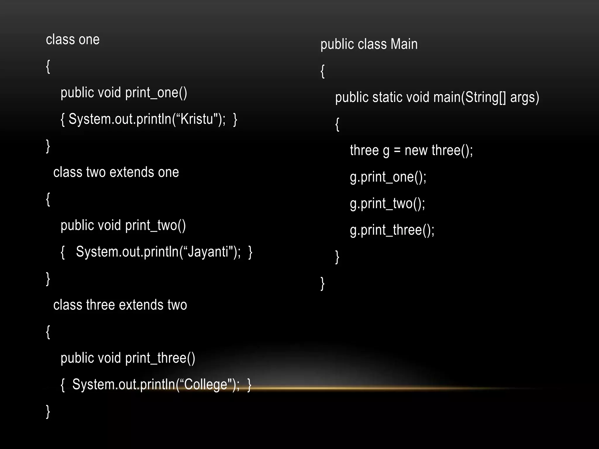 class one
{
public void print_one()
{ System.out.println(“Kristu"); }
}
class two extends one
{
public void print_two()
{ System.out.println(“Jayanti"); }
}
class three extends two
{
public void print_three()
{ System.out.println(“College"); }
}
public class Main
{
public static void main(String[] args)
{
three g = new three();
g.print_one();
g.print_two();
g.print_three();
}
}
 