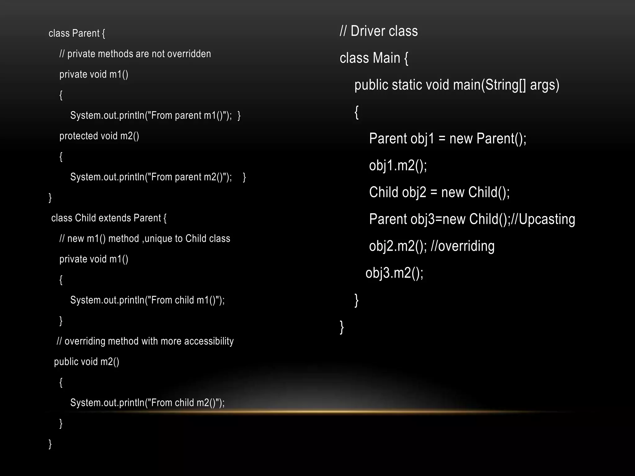 class Parent {
// private methods are not overridden
private void m1()
{
System.out.println("From parent m1()"); }
protected void m2()
{
System.out.println("From parent m2()"); }
}
class Child extends Parent {
// new m1() method ,unique to Child class
private void m1()
{
System.out.println("From child m1()");
}
// overriding method with more accessibility
public void m2()
{
System.out.println("From child m2()");
}
}
// Driver class
class Main {
public static void main(String[] args)
{
Parent obj1 = new Parent();
obj1.m2();
Child obj2 = new Child();
Parent obj3=new Child();//Upcasting
obj2.m2(); //overriding
obj3.m2();
}
}
 