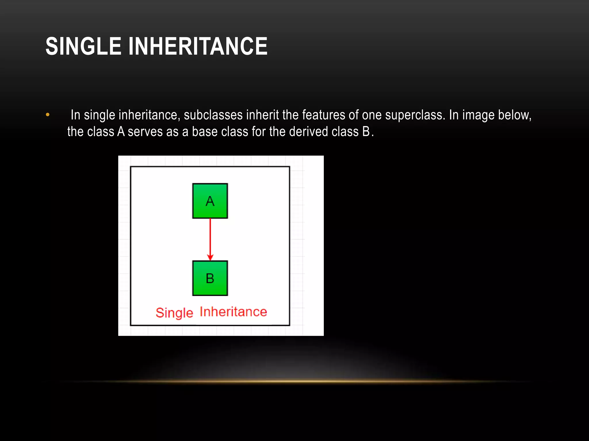 SINGLE INHERITANCE
• In single inheritance, subclasses inherit the features of one superclass. In image below,
the class A serves as a base class for the derived class B.
 