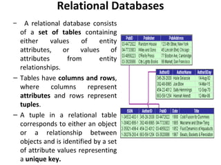Relational Databases
– A relational database consists
of a set of tables containing
either values of entity
attributes, or values of
attributes from entity
relationships.
– Tables have columns and rows,
where columns represent
attributes and rows represent
tuples.
– A tuple in a relational table
corresponds to either an object
or a relationship between
objects and is identified by a set
of attribute values representing
a unique key.
 