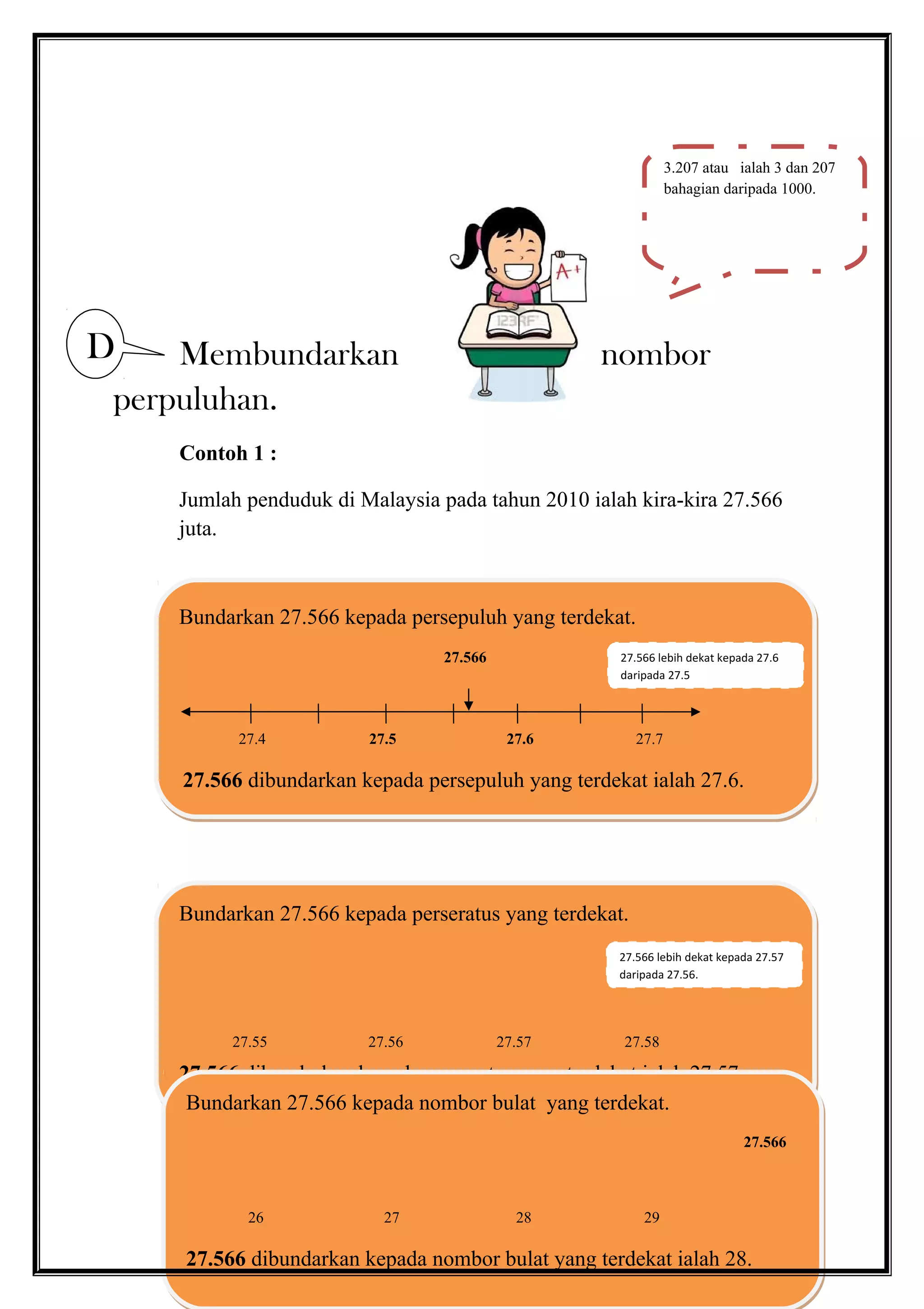 Bundarkan 27.566 kepada perseratus yang terdekat.
27.566
27.566 dibundarkan kepada perseratus yang terdekat ialah 27.57.
Bundarkan 27.566 kepada perseratus yang terdekat.
27.566
27.566 dibundarkan kepada perseratus yang terdekat ialah 27.57.
Bundarkan 27.566 kepada nombor bulat yang terdekat.
27.566
26 27 28 29
27.566 dibundarkan kepada nombor bulat yang terdekat ialah 28.
Bundarkan 27.566 kepada nombor bulat yang terdekat.
27.566
26 27 28 29
27.566 dibundarkan kepada nombor bulat yang terdekat ialah 28.
Membundarkan nombor
perpuluhan.
Contoh 1 :
Jumlah penduduk di Malaysia pada tahun 2010 ialah kira-kira 27.566
juta.
Bundarkan 27.566 kepada persepuluh yang terdekat.
27.566
27.4 27.5 27.6 27.7
27.566 dibundarkan kepada persepuluh yang terdekat ialah 27.6.
27.55 27.56 27.57 27.58
3.207 atau ialah 3 dan 207
bahagian daripada 1000.
D
27.566 lebih dekat kepada 27.6
daripada 27.5
27.566 lebih dekat kepada 27.57
daripada 27.56.
 