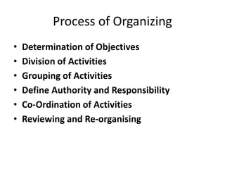 Process of Organizing
• Determination of Objectives
• Division of Activities
• Grouping of Activities
• Define Authority and Responsibility
• Co-Ordination of Activities
• Reviewing and Re-organising
 