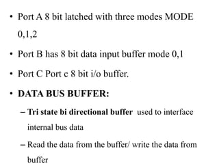 • Port A 8 bit latched with three modes MODE
0,1,2
• Port B has 8 bit data input buffer mode 0,1
• Port C Port c 8 bit i/o buffer.
• DATA BUS BUFFER:
– Tri state bi directional buffer used to interface
internal bus data
– Read the data from the buffer/ write the data from
buffer
 