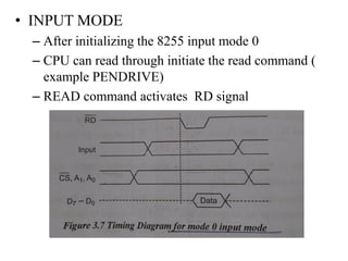 • INPUT MODE
– After initializing the 8255 input mode 0
– CPU can read through initiate the read command (
example PENDRIVE)
– READ command activates RD signal
 
